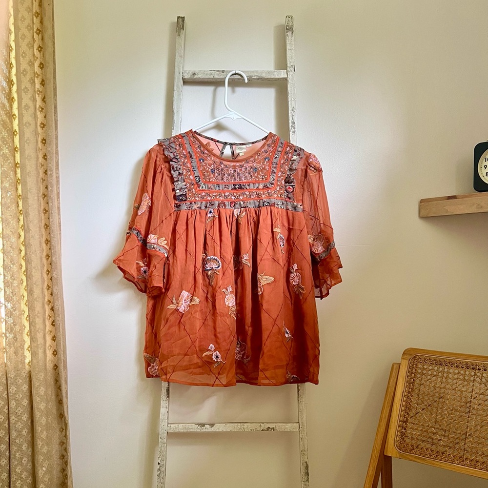 Anthropologie embroidered baby doll blouse by “Seen Worn Kept”